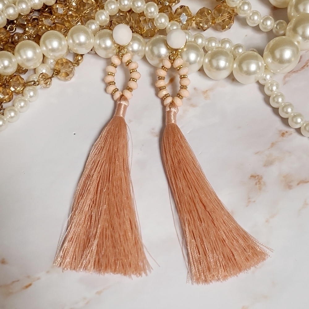 NWT Pink Long Gold Plated Beaded Silk Tassel Earrings